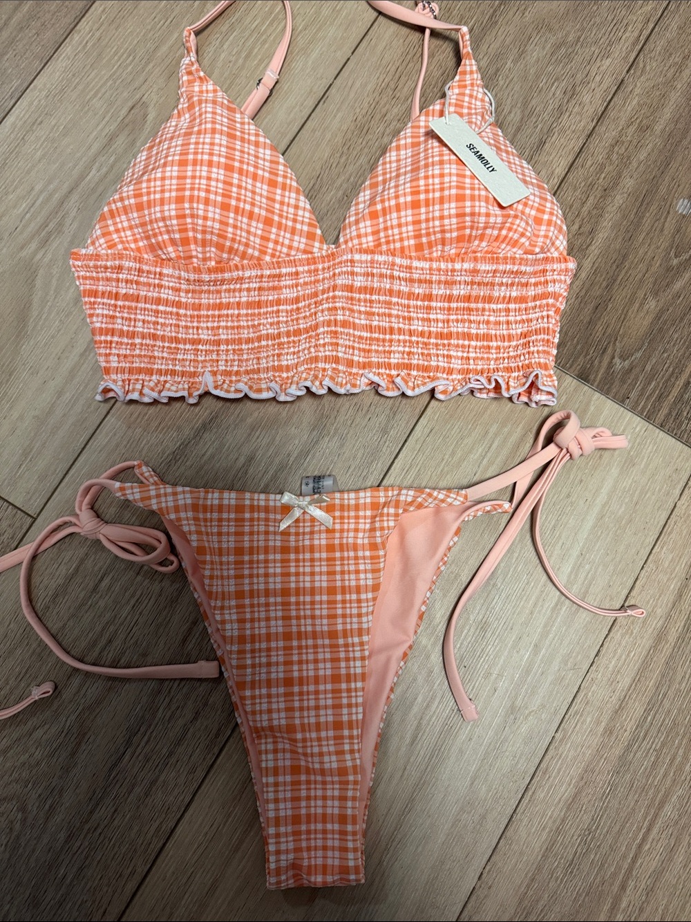 Sea molly NWT L (JUNIOR) Orange Plaid Smocked TIE SIDE Bikini Set